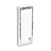 Angled view of floral-patterned notepad open showing lines for notes on a white background.