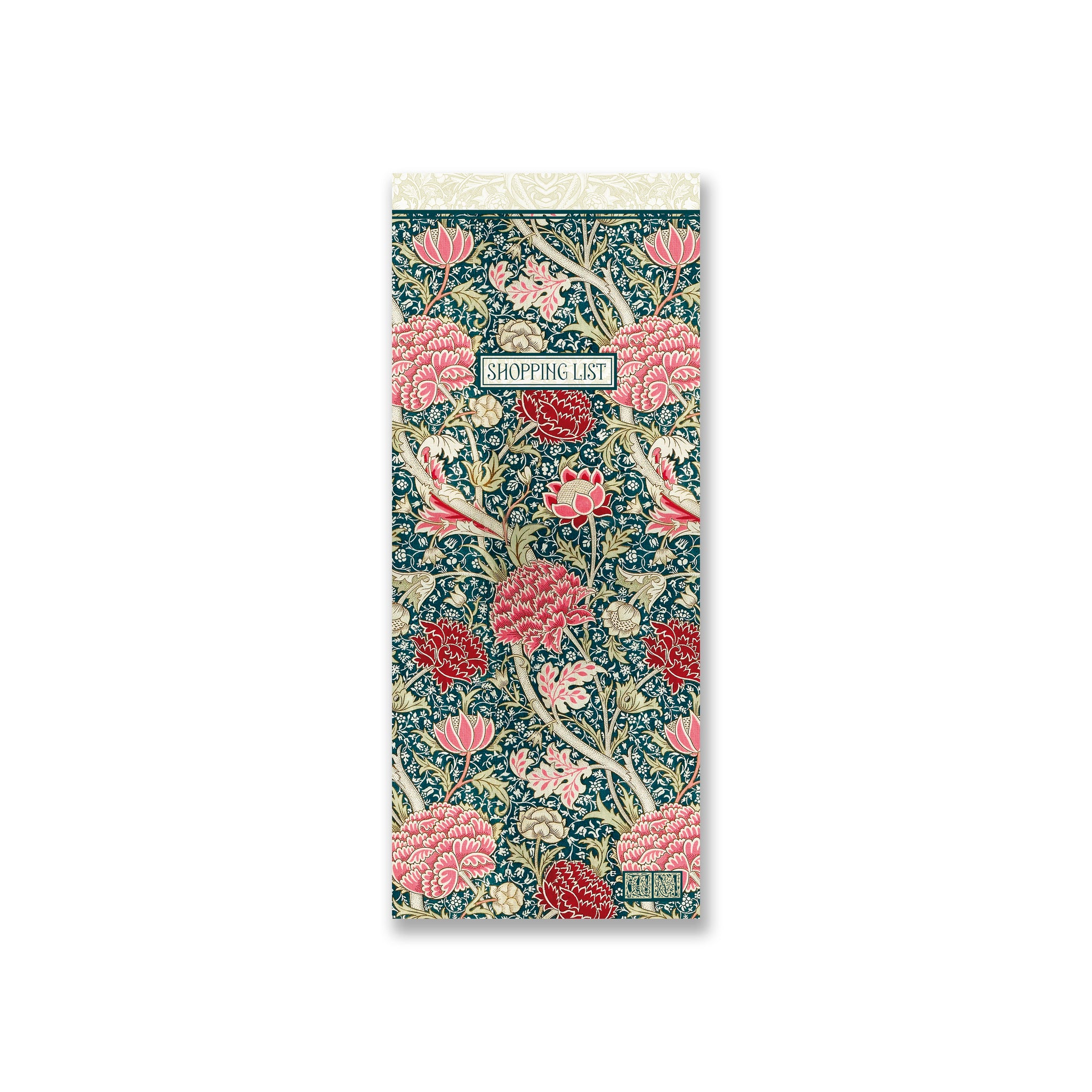 Floral patterned notebook with a white label on a white background.