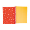 Open notebook with red cover and yellow pages.