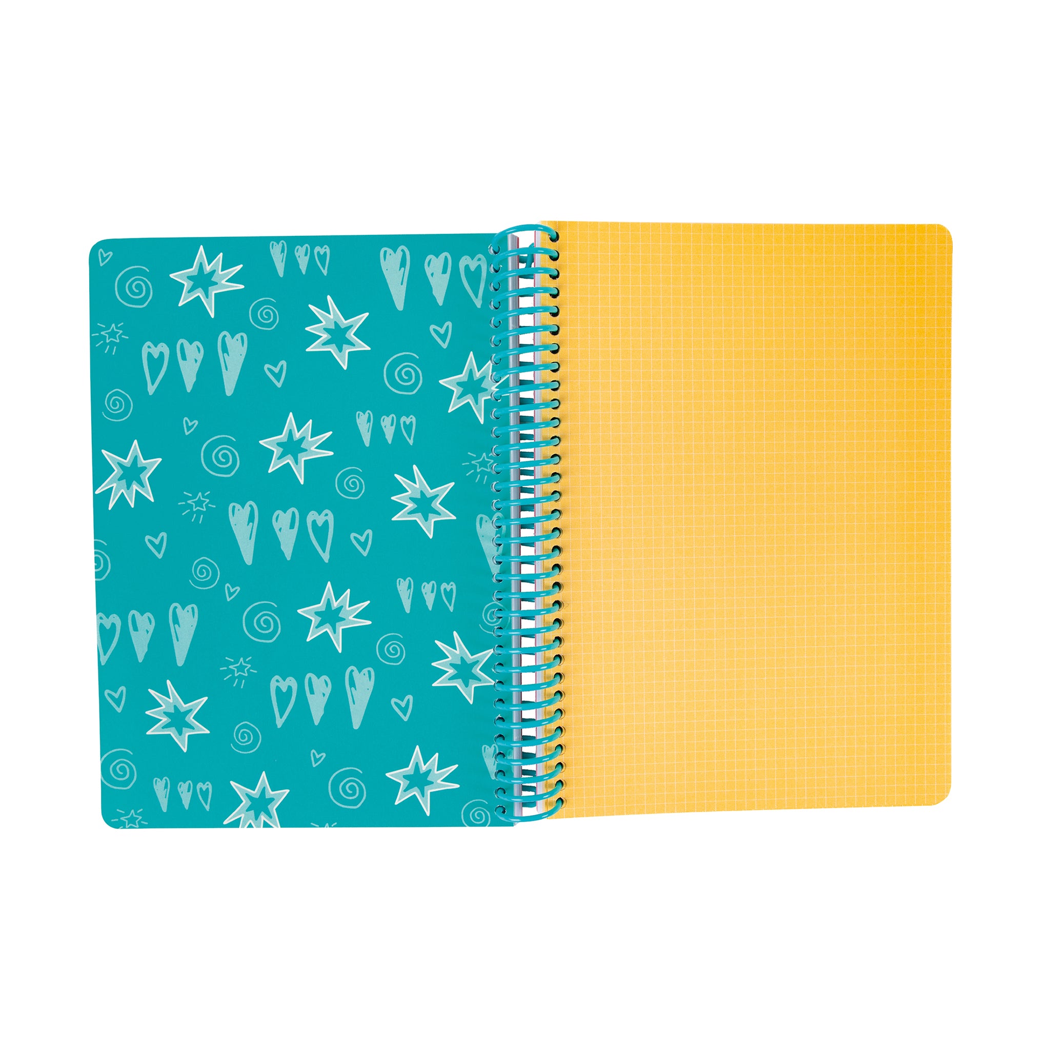 Notebook with blue inside cover featuring star patterns and yellow pages on a white background.