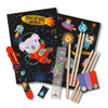 Children's stationery set with space-themed design including pencils, notebooks, and ruler on a white background.