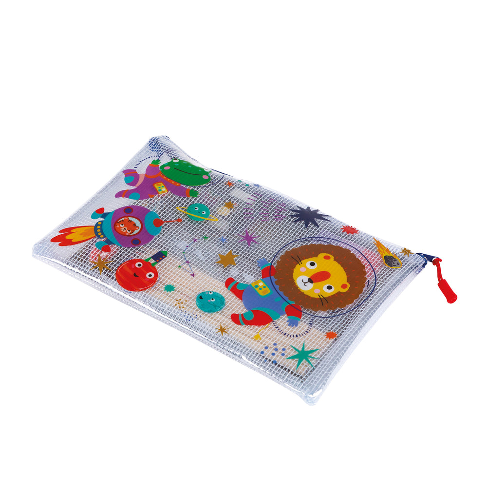 Colorful mesh pouch with animal designs on a white background.