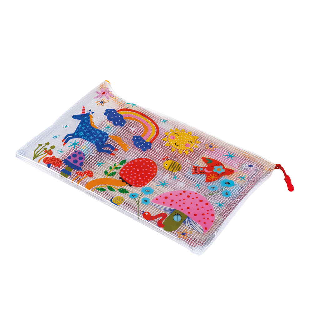 Colorful pencil case with cartoon designs on a white background.