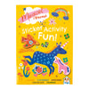 Sticker activity book cover with colorful animals and text on a yellow background