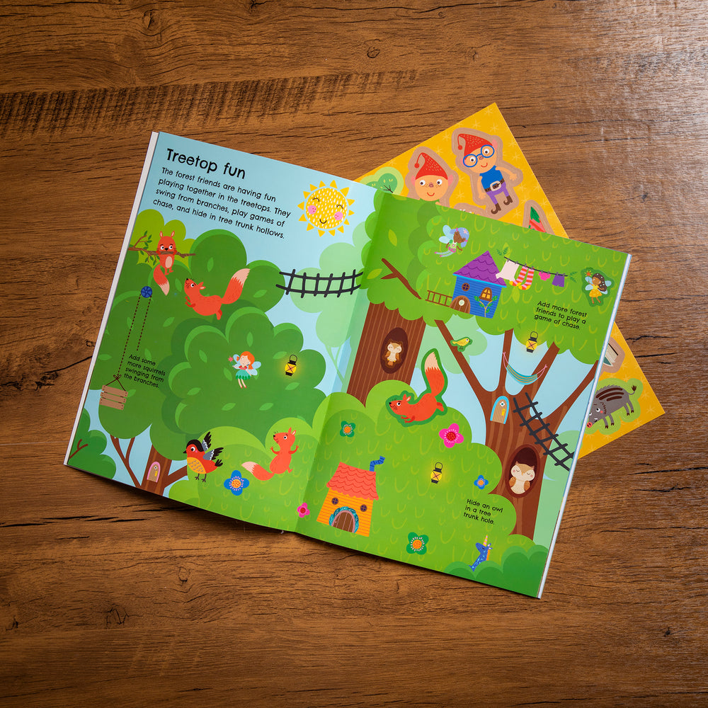 Children's book with a treehouse illustration on a wooden surface