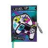 Gaming journal with colorful controller design and 'Level Up' text on a white background