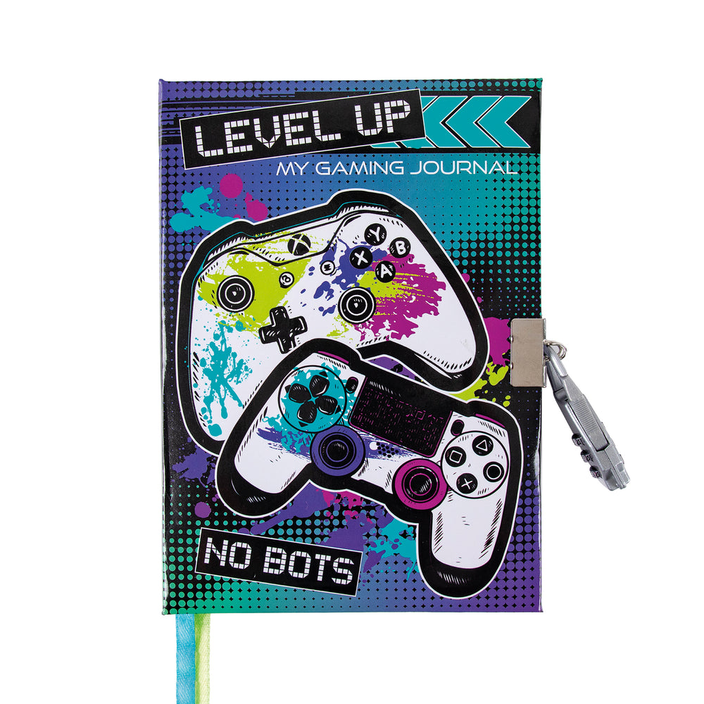Gaming journal with colorful controller design and 'Level Up' text on a white background