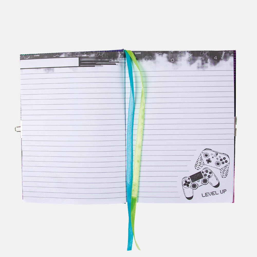 Gaming journal with a gaming controller design and 'Level Up' text on a white background.