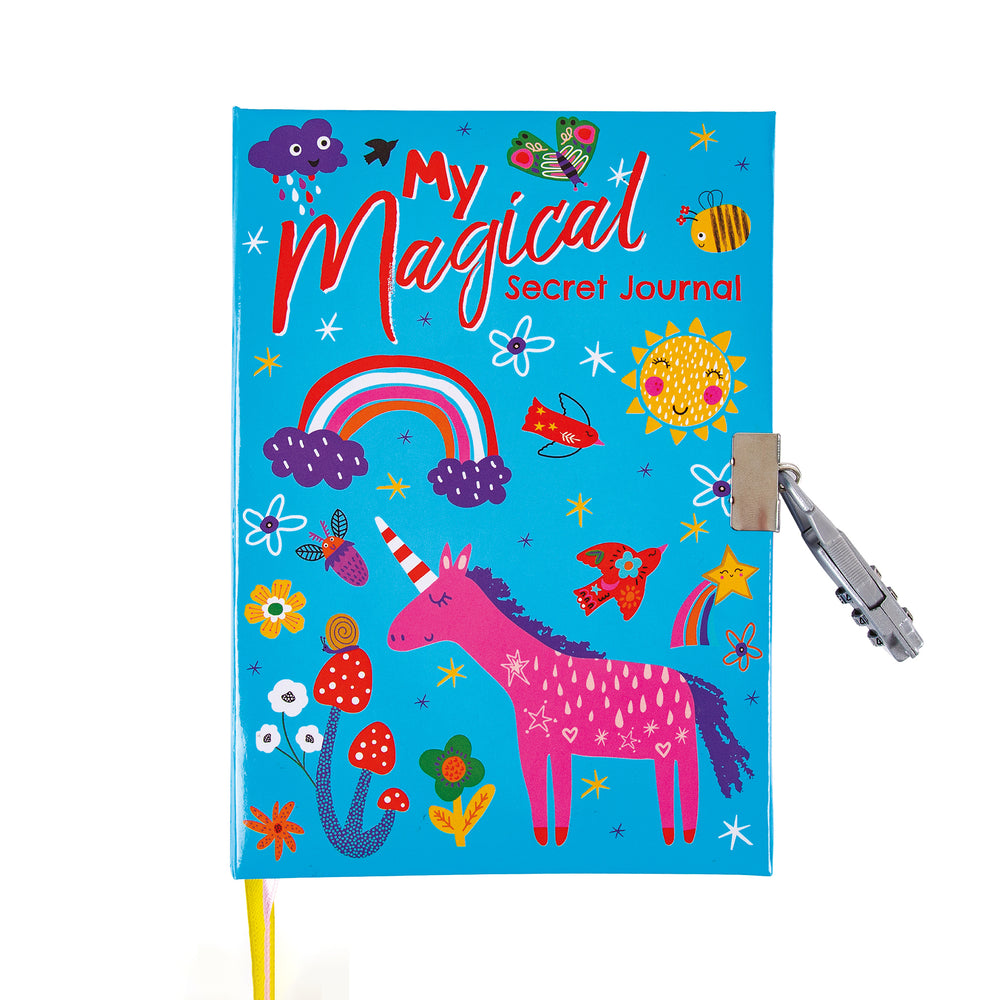 Colorful children's journal with unicorn illustration and lock on a white background