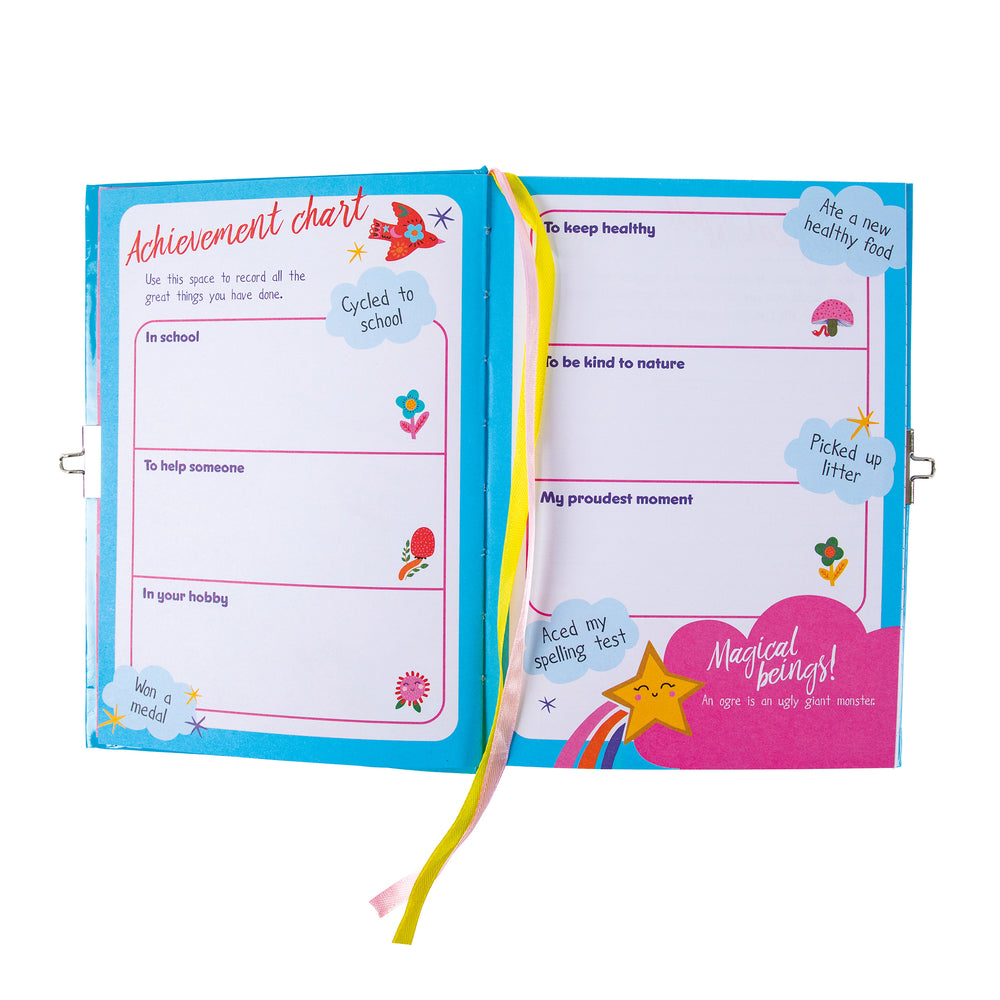 Colorful achievement chart with a yellow ribbon on a white background