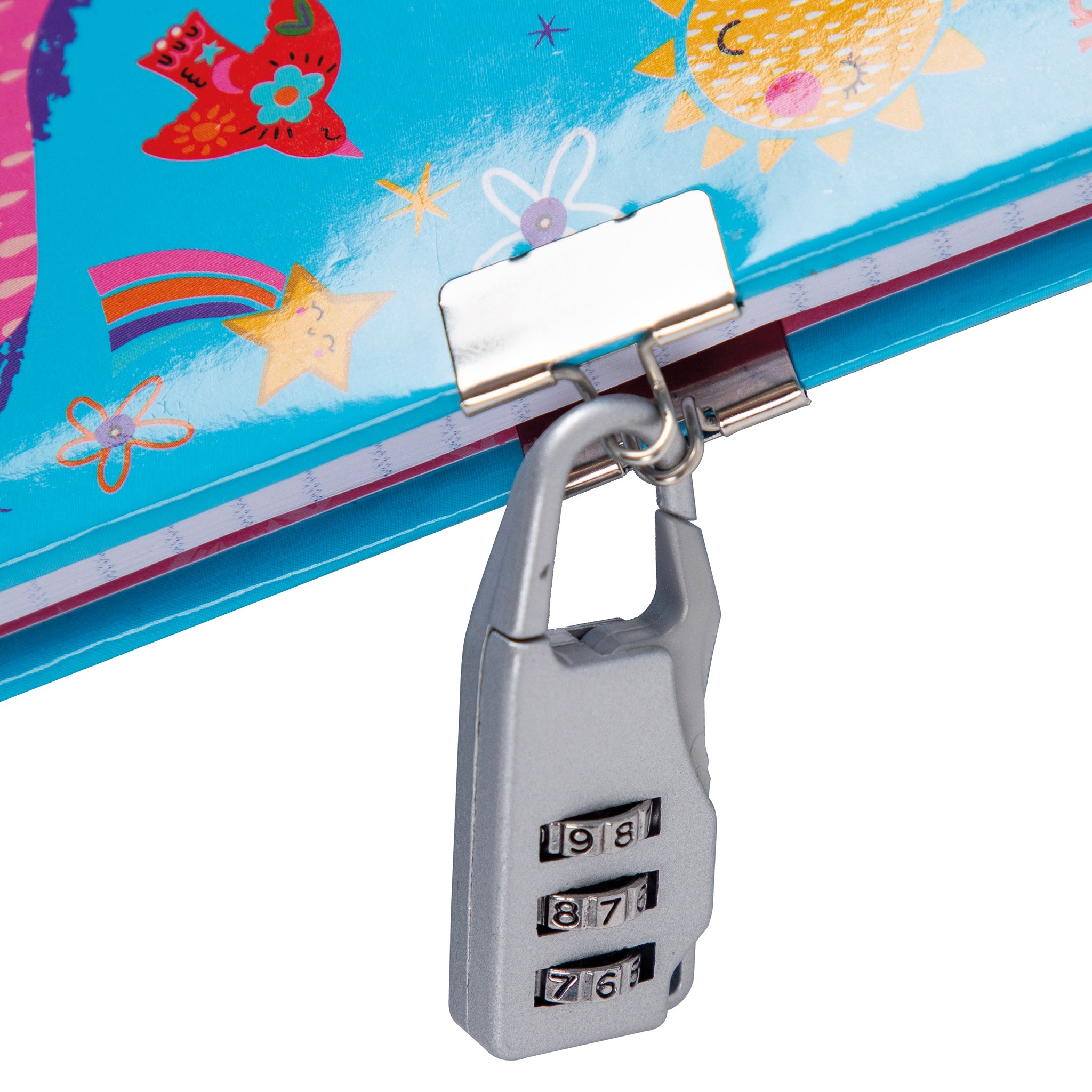 Silver combination lock attached to the journal cartoon designs.
