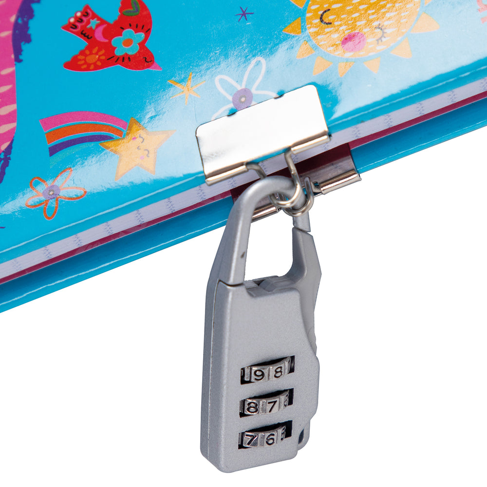 Silver combination lock attached to the journal cartoon designs.