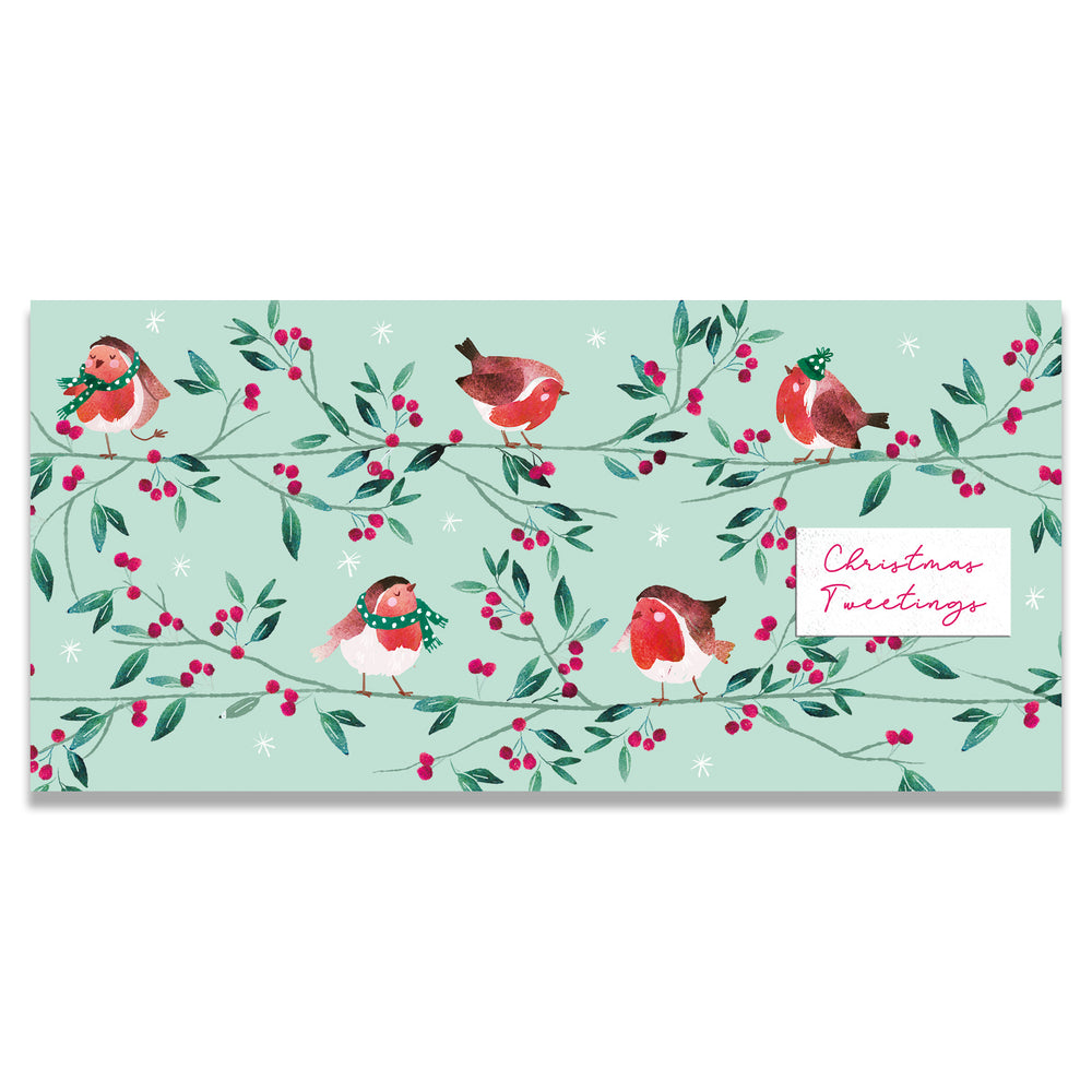 Money wallet with Christmas-themed design featuring robins and berries on a light green background.