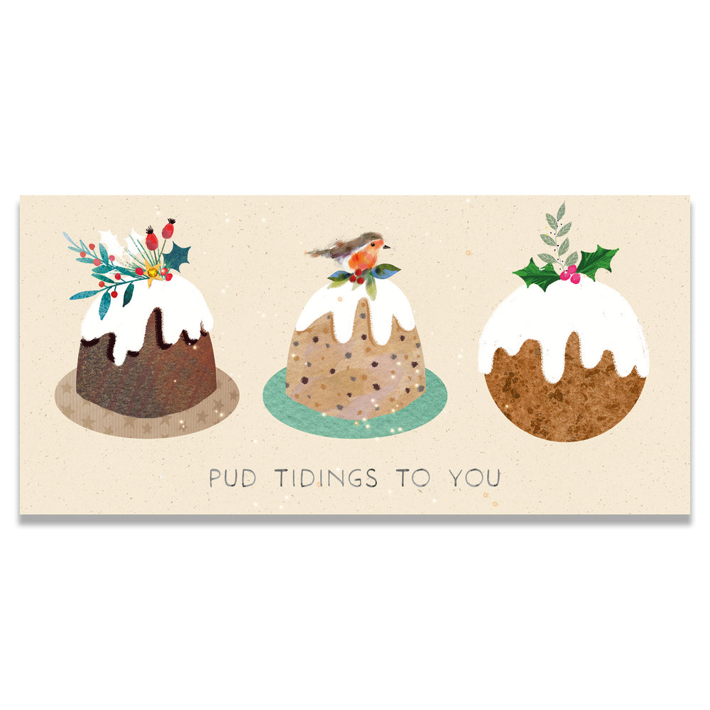 Money wallet with illustrations of Christmas puddings and text 'Pud Tidings To You' on a beige background