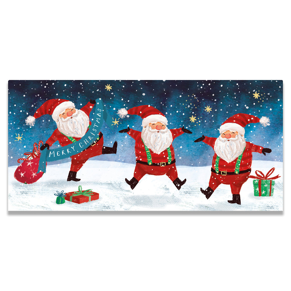 Money wallet featuring three cartoon Santas in a snowy scene with presents and a blue sky.