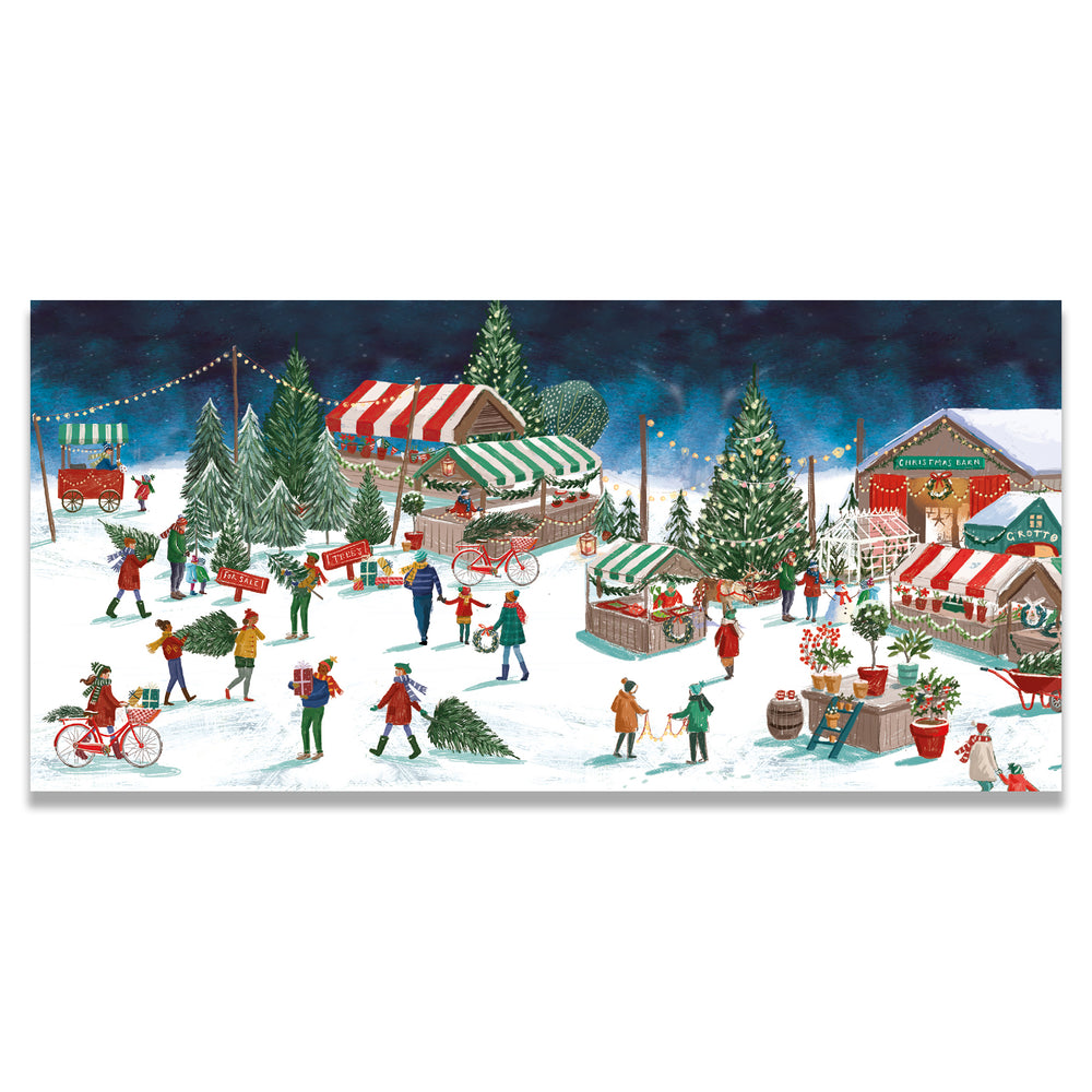 Money wallet  featuring Illustration of a winter village scene with people and Christmas trees.