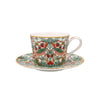 Decorative teacup and saucer with intricate patterns on a white background.