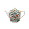 Decorative teapot with a colorful pattern on a white background.