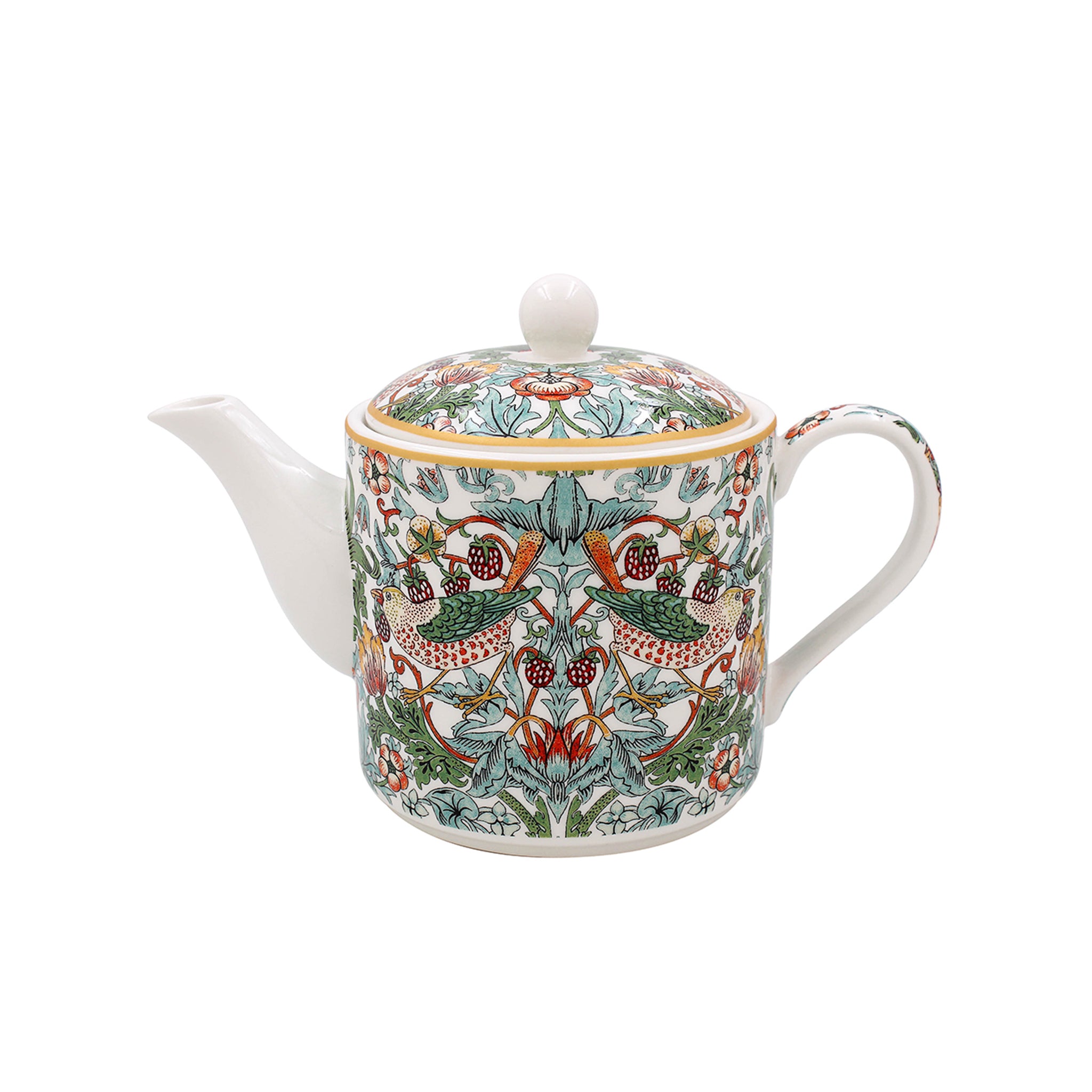Decorative teapot with a colorful pattern on a white background.