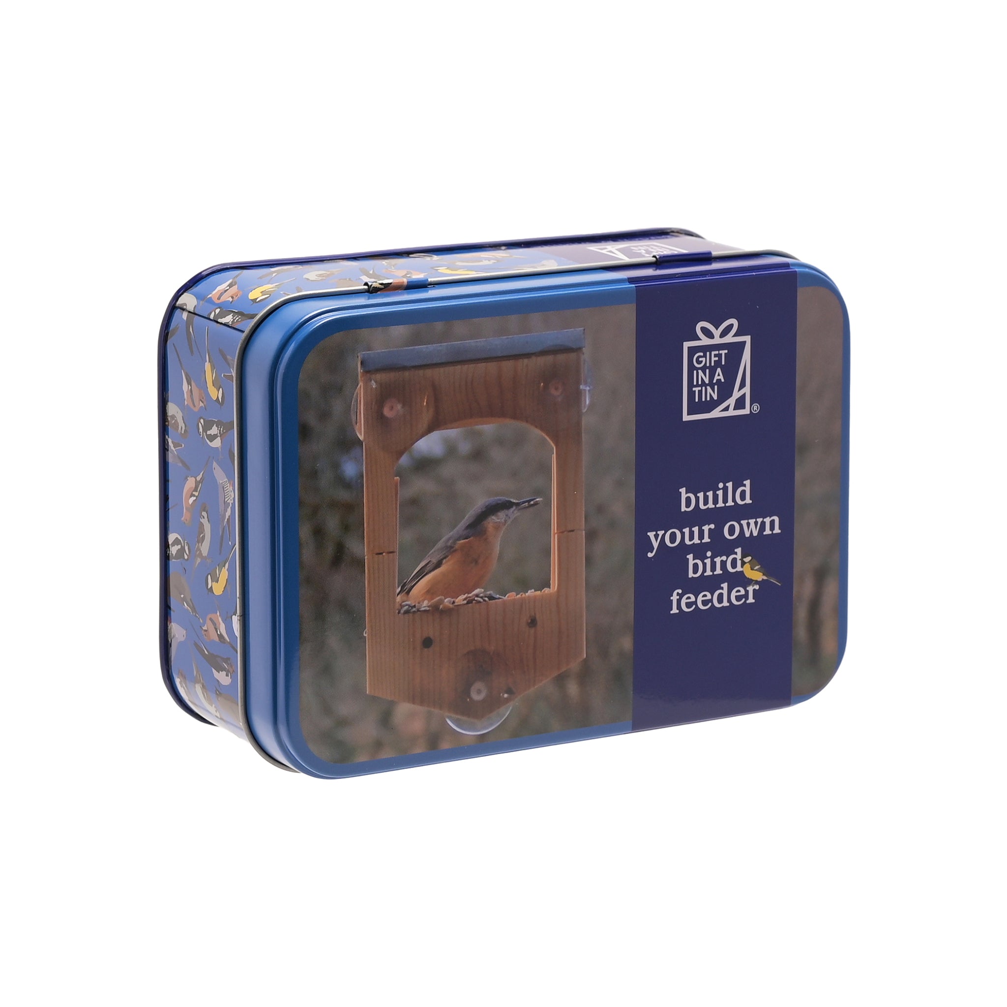Blue tin box with a bird feeder design and text 'build your own bird feeder' on a white background