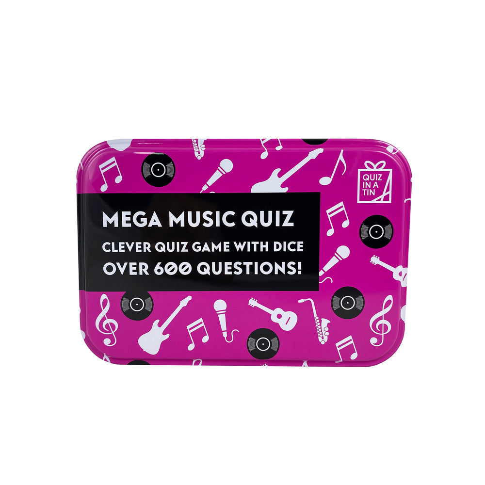 Mega Music Quiz game with dice on a pink background