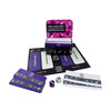 Purple and black music-themed quiz game with cards and dice on a white background