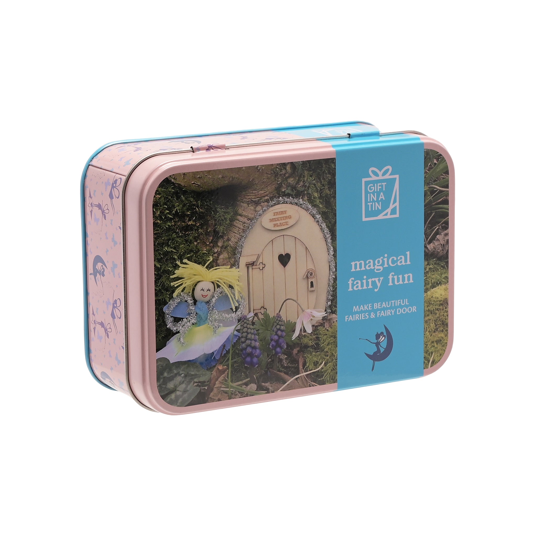 Pink tin with fairy door design and 'Magical fairy fun' text on a white background