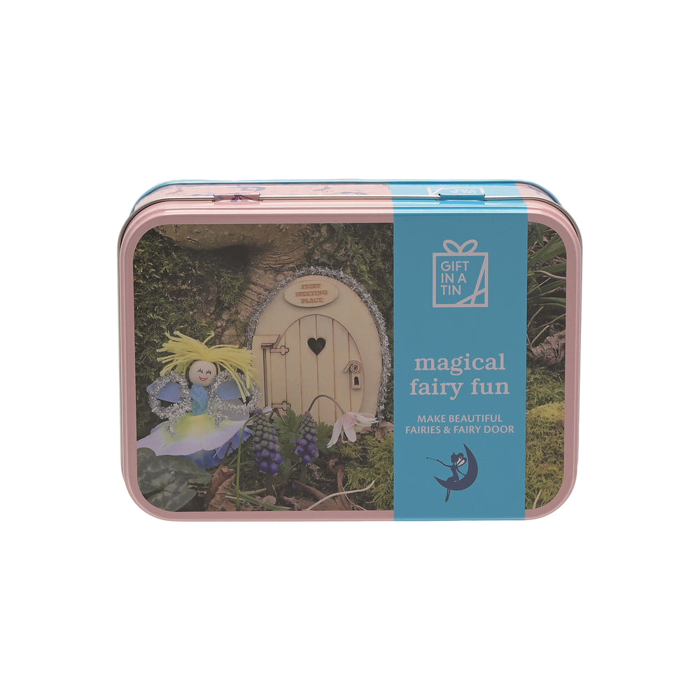 Fairy set in a tin with packaging label on a white background