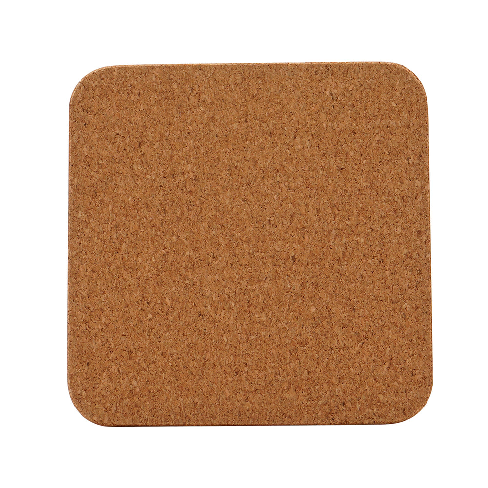 Back of the square coaster showing the cork backing on a white background