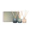 Serenity diffuser set with three bottles and sticks on a white background
