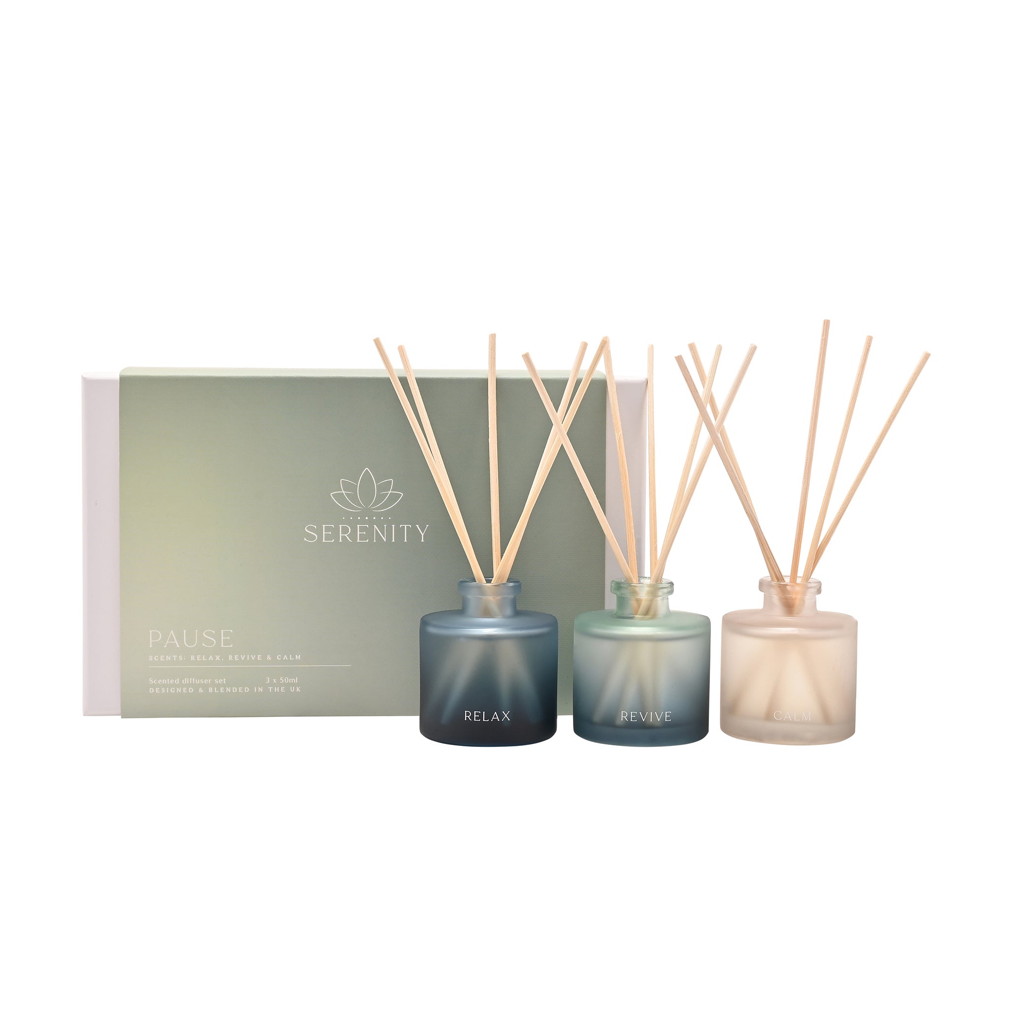 Serenity diffuser set with three bottles and sticks on a white background