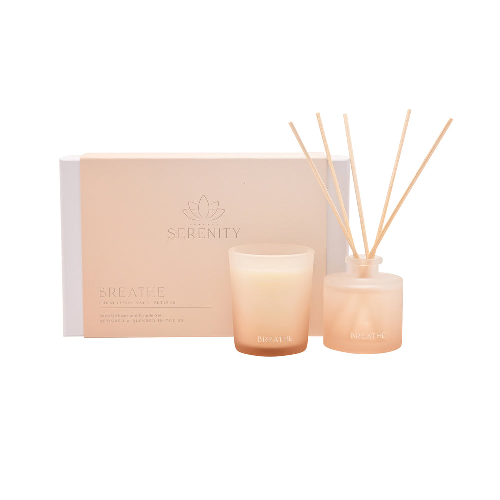 Serenity candle and diffuser set on a white background