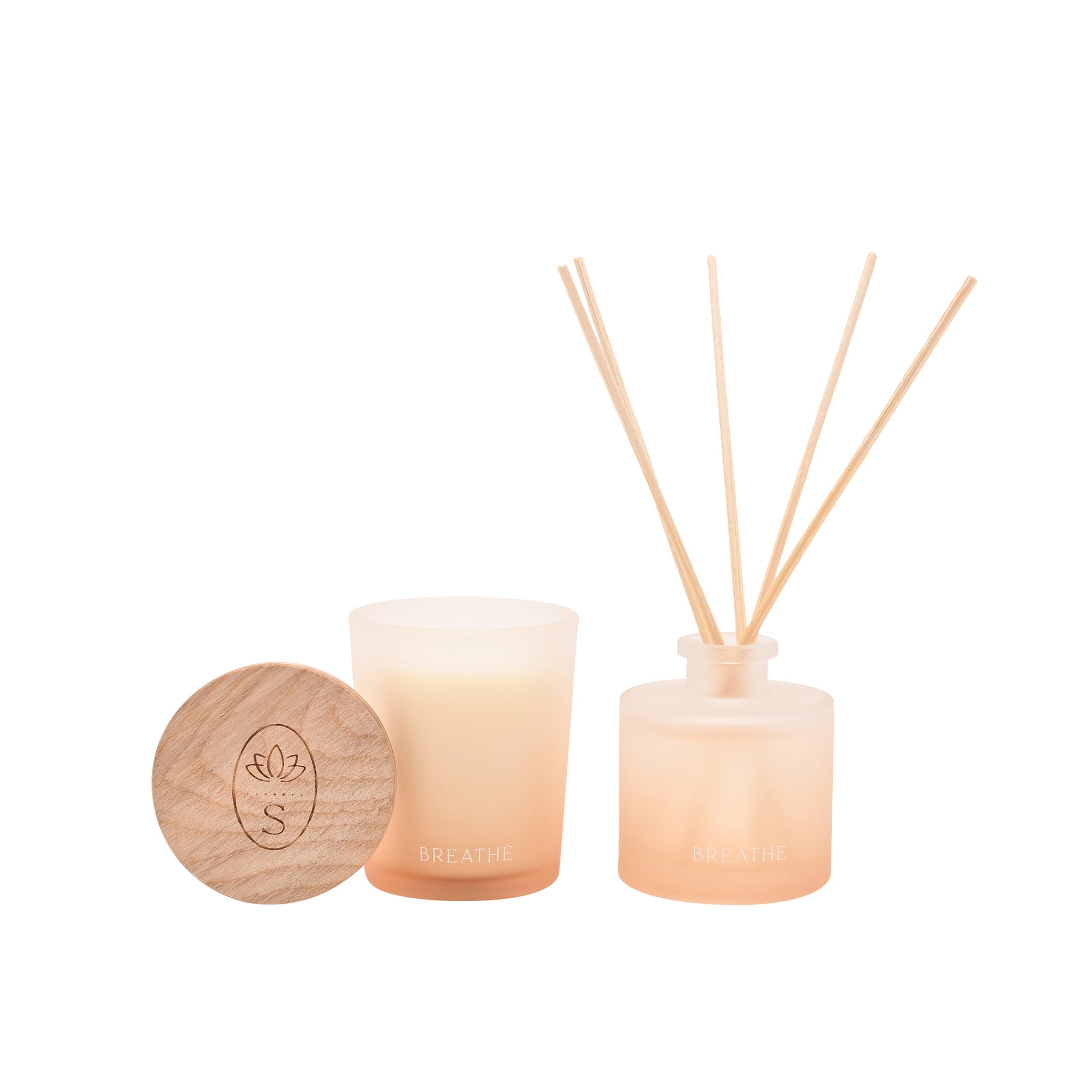 Candle, diffuser, and wooden coaster with a brand logo on a white background