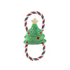 Green Christmas tree-shaped toy with a rope on a white background