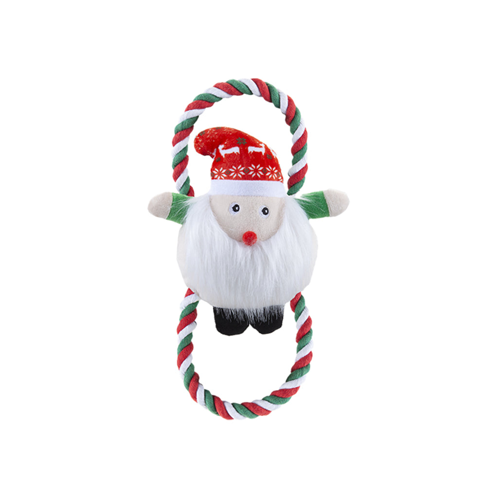 Plush Father Christmas dog toy with a candy cane handle on a white background