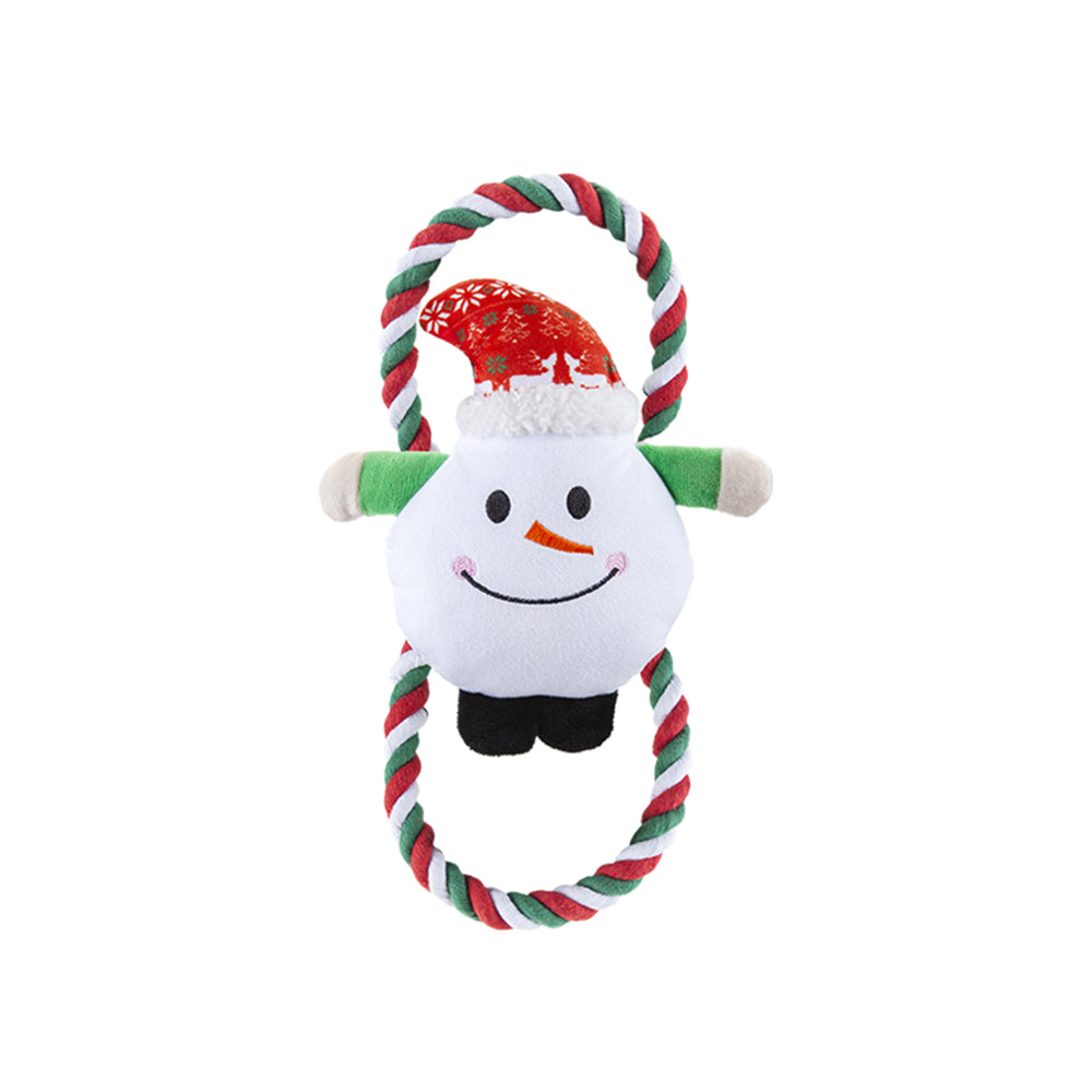 Plush Snowman shaped dog toy with a candy cane handle on a white background