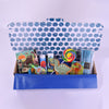 Blue patterned box with colorful dinosaur themed items on a white background
