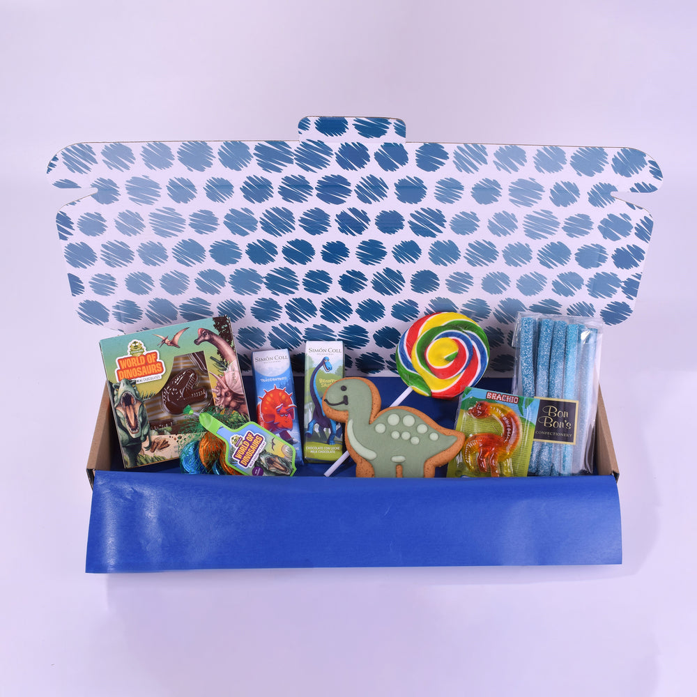 Blue patterned box with colorful dinosaur themed items on a white background