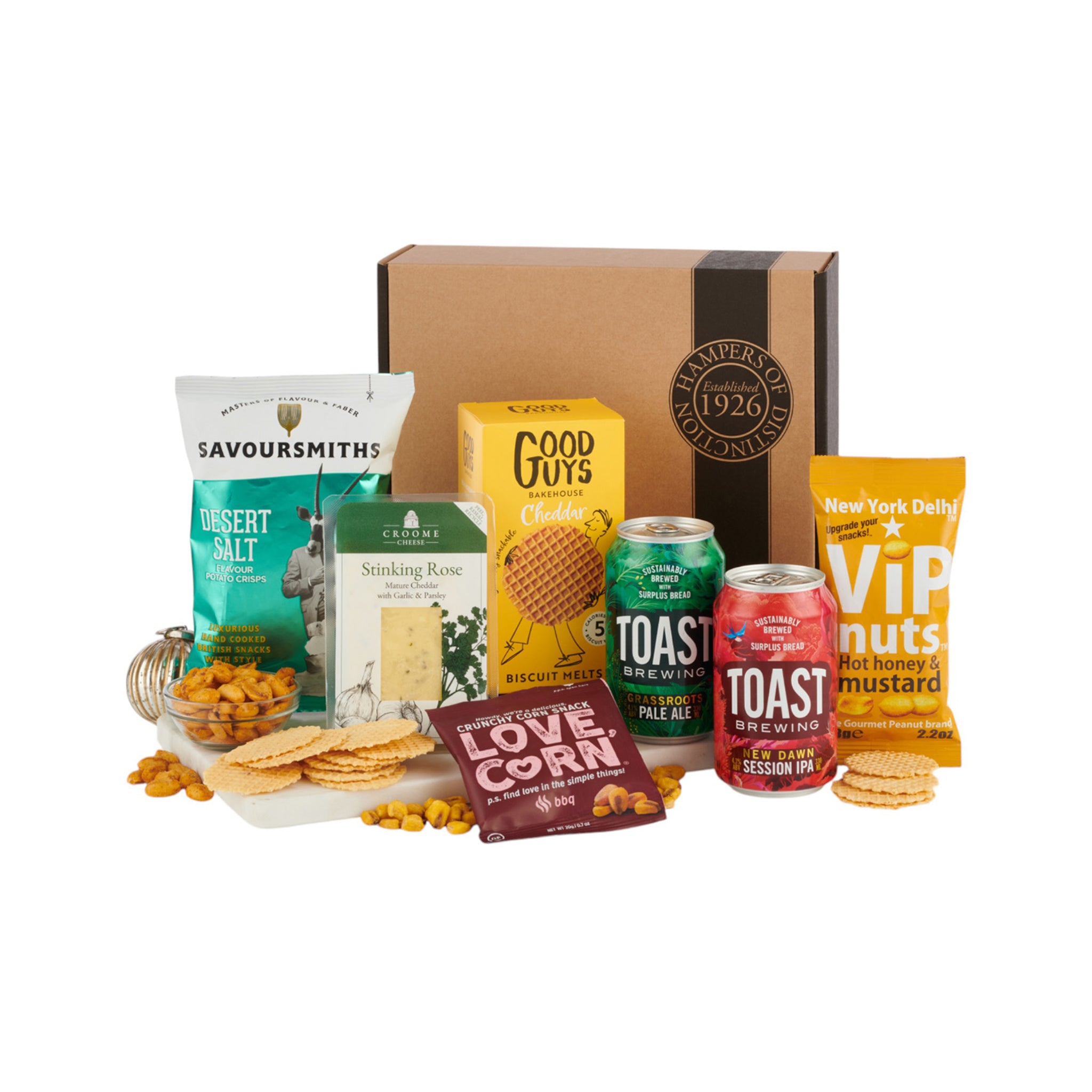 Assorted snacks and drinks including Savoursmiths, Good Guys, Toast Ale, and New York Delight Mustard on a white background.