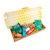 Snack box with various snacks including Popcorn and Gnar, on a white background