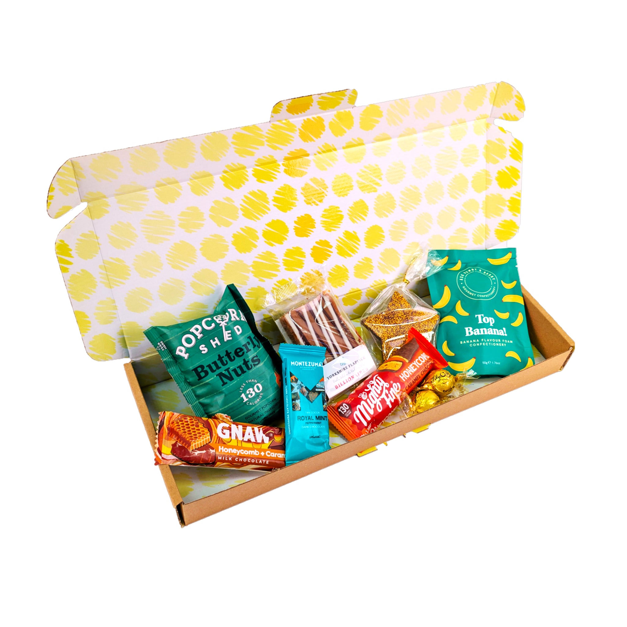 Snack box with various snacks including Popcorn and Gnar, on a white background