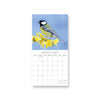 A single-page of a calendar showing August 2027, with a bird photograph on a blue sky background and yellow blossoms at the top and a white calendar grid below.