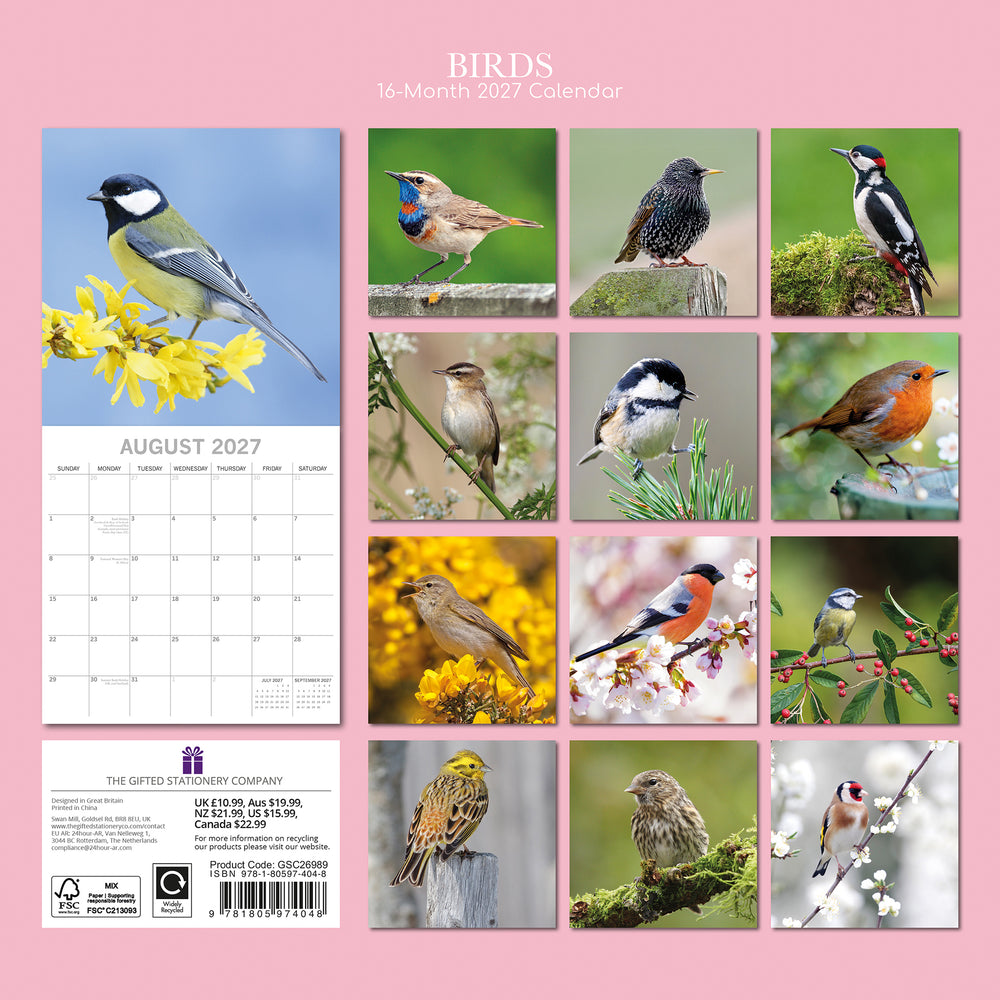 Birds calendar with various bird images on a pink background