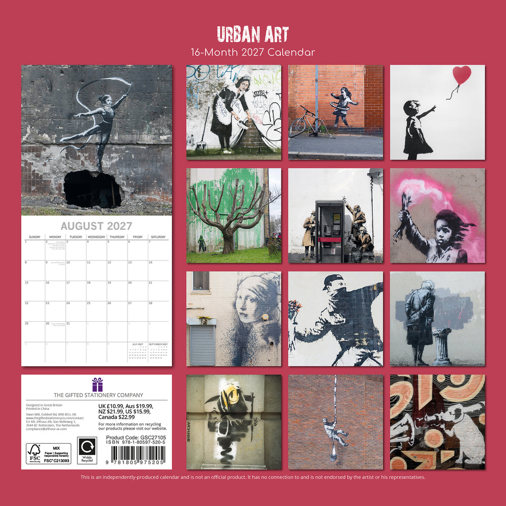 A 16-month 2027 calendar titled 'URBAN ART' by The Gifted Stationery Company, featuring a collage of street art and graffiti illustrations on a pink background.