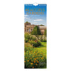 A tall spiral-bound 2027 calendar titled 'Beautiful Gardens 2027 Calendar' with a blue header and a garden scene featuring flowers, greenery, and a stone building.
