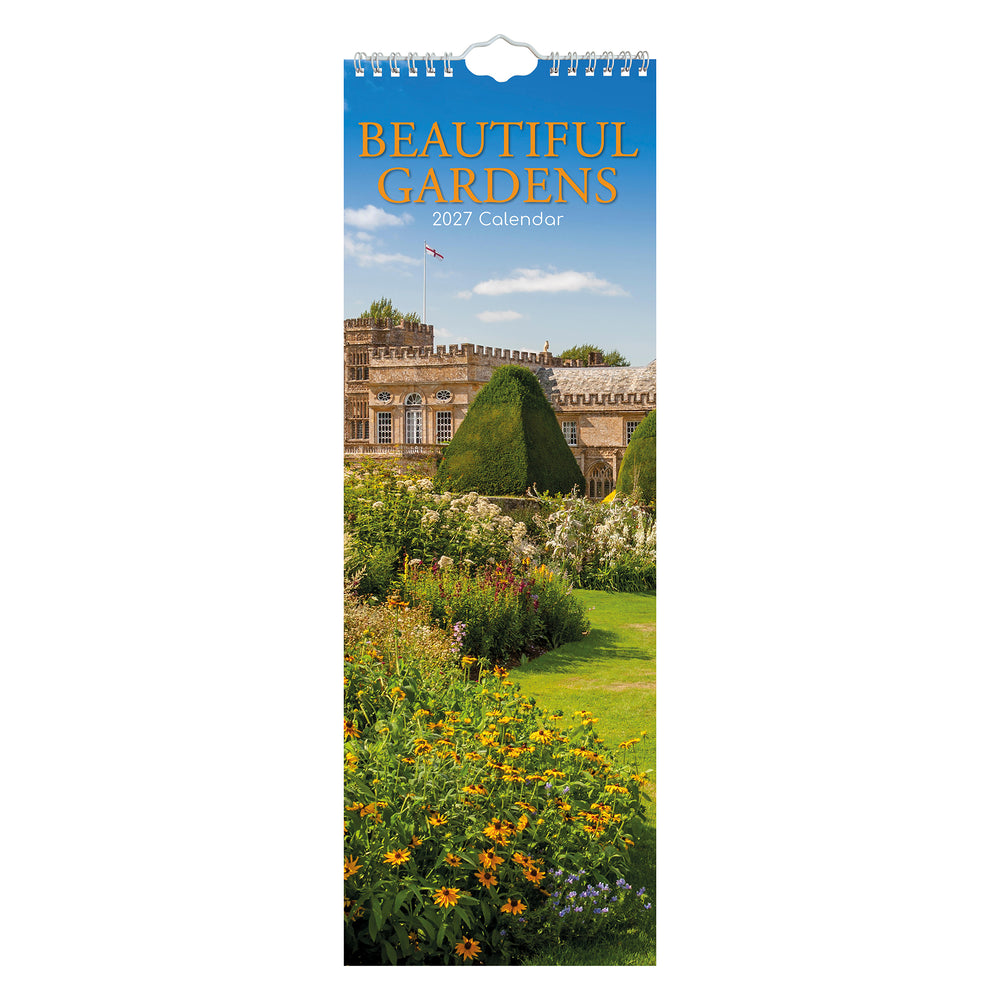 A tall spiral-bound 2027 calendar titled 'Beautiful Gardens 2027 Calendar' with a blue header and a garden scene featuring flowers, greenery, and a stone building.
