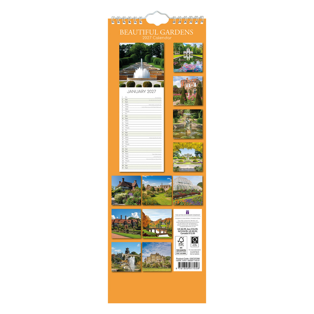 A tall spiral-bound calendar page for 'Beautiful Gardens' showing a January 2027 calendar layout with multiple garden and architectural photos, on an orange background.