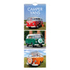 A vertical spiral-bound wall calendar titled "CAMPER VANS 2027 Calendar" featuring three vintage Volkswagen camper vans in red, green, and orange, shown against a plain white background.
