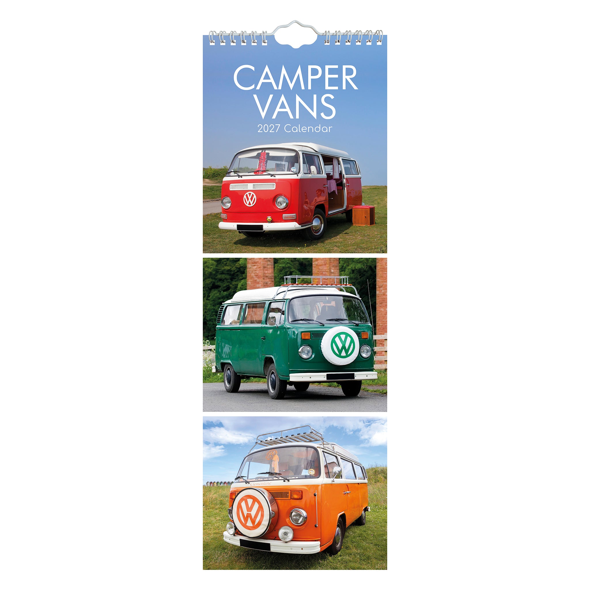 A vertical spiral-bound wall calendar titled "CAMPER VANS 2027 Calendar" featuring three vintage Volkswagen camper vans in red, green, and orange, shown against a plain white background.
