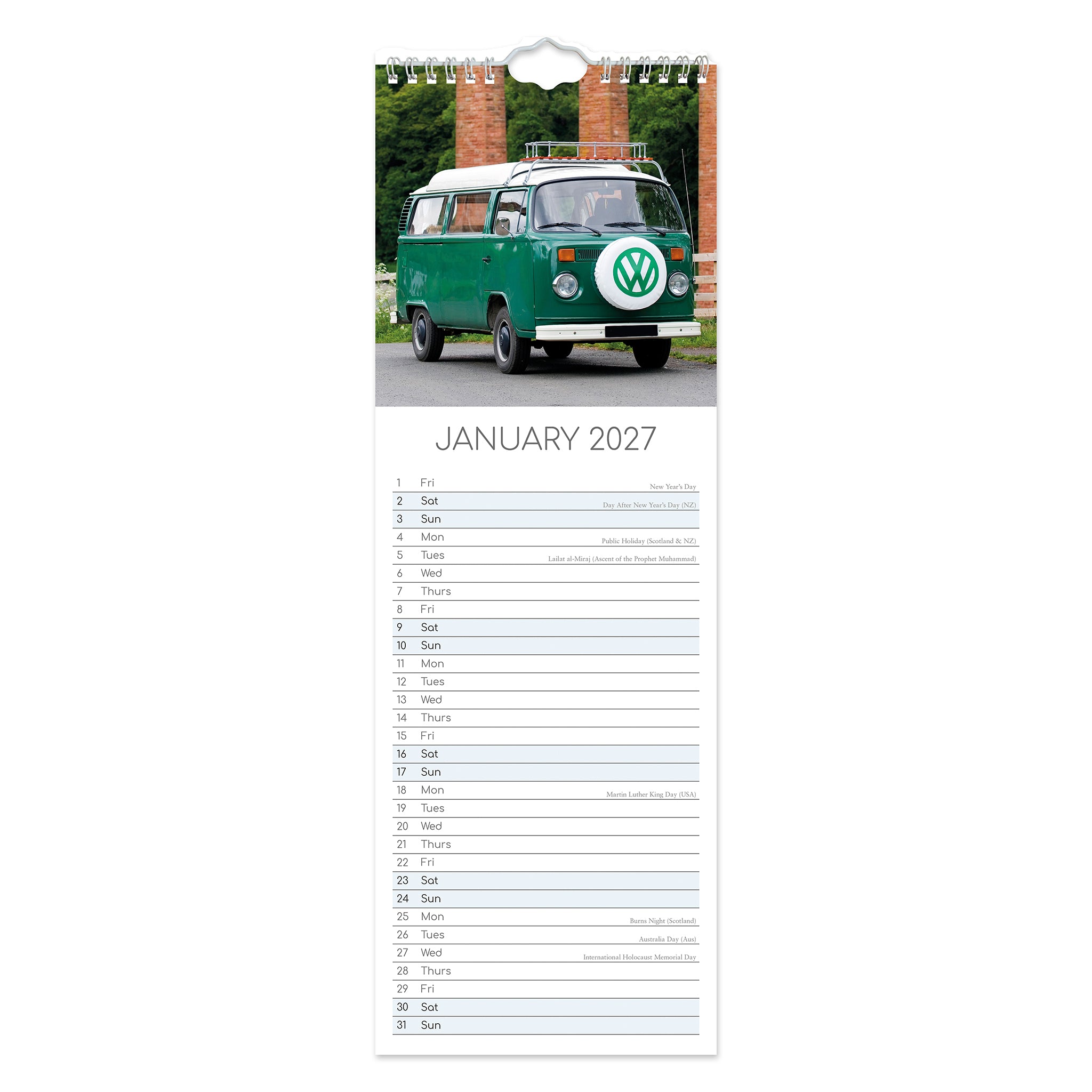 A spiral-bound January 2027 wall calendar page featuring a vintage green Volkswagen camper van at the top, with a lined monthly planner layout below on a white background.
